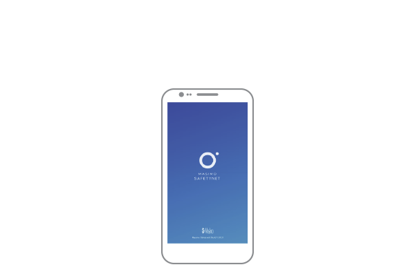 Disegno del dispositivo mobile con la schermata iniziale dell'app Masimo SafetyNet Alert