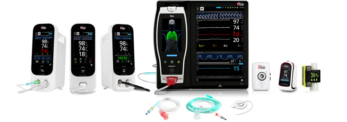 Portafoglio Masimo - Rad-97™ con Capnografia NomoLine™, Rad-97, Rad-97 con misurazione non invasiva della pressione sanguigna, Root® con ISA™ CO2, MightySat™ Rx, Linee di campionamento NomoLine™ EMMA®, Sensore RAS-45